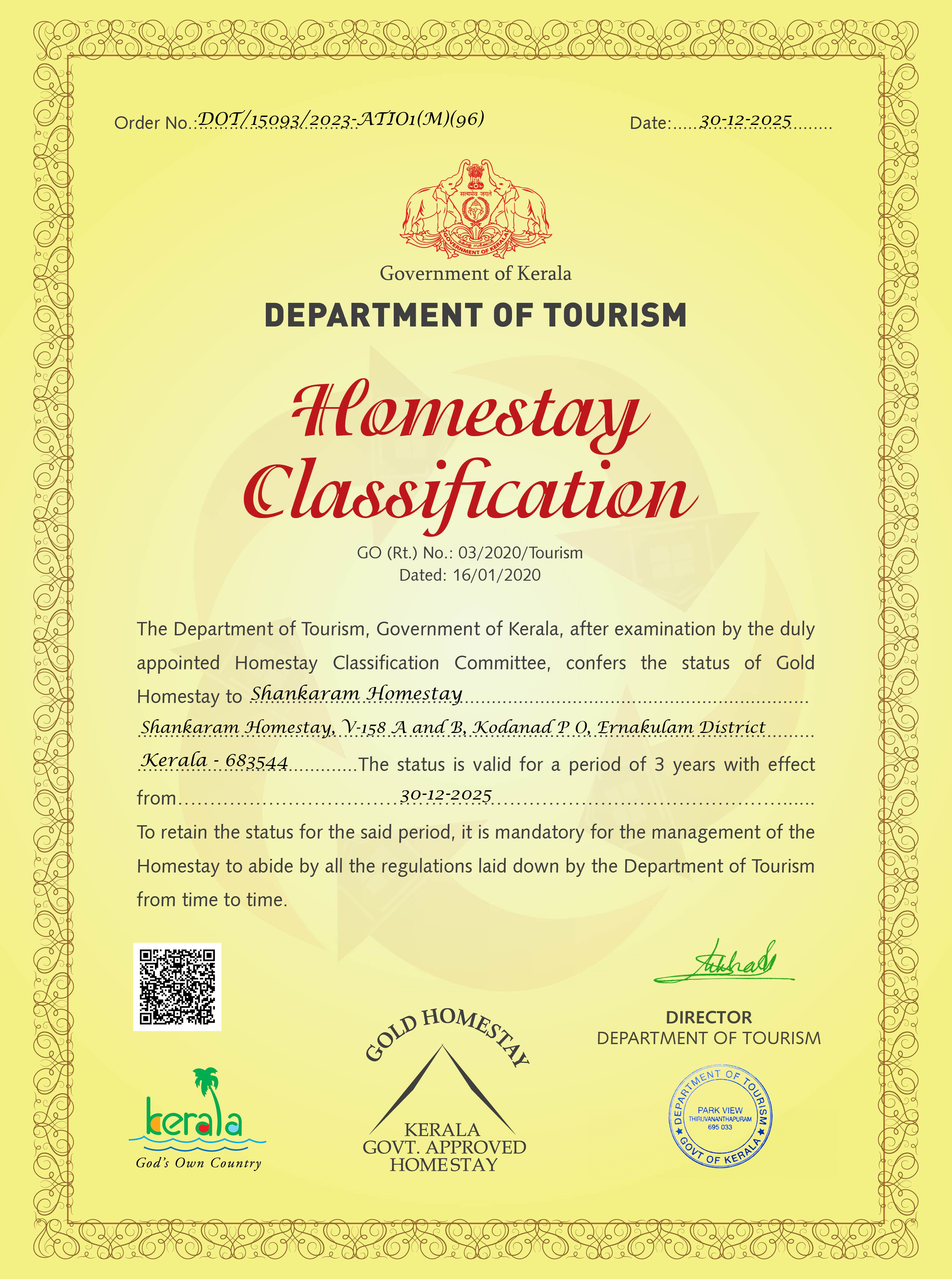 Kerala Tourism Gold Homestay Certificate